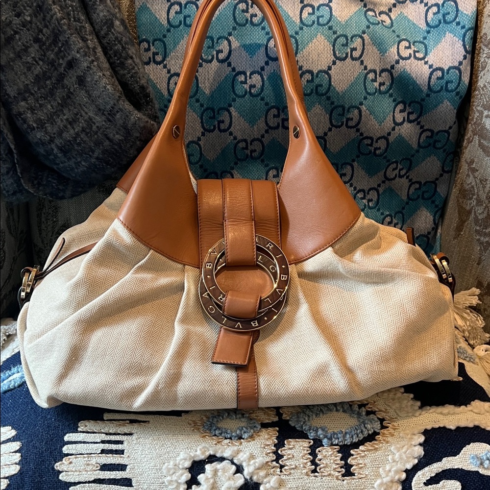Bulgari Beige Canvas Shoulder Bag with Tan Leather trim excellent shoulder dusty